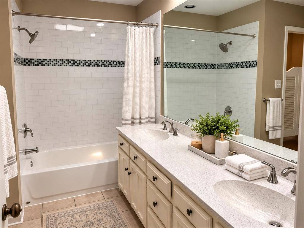 3028 Airhaven Street, Dallas, TX 75229 Dual vanity with light-toned countertop, built-in sinks, and brushed nickel fixtures. *Photo is AI generated*