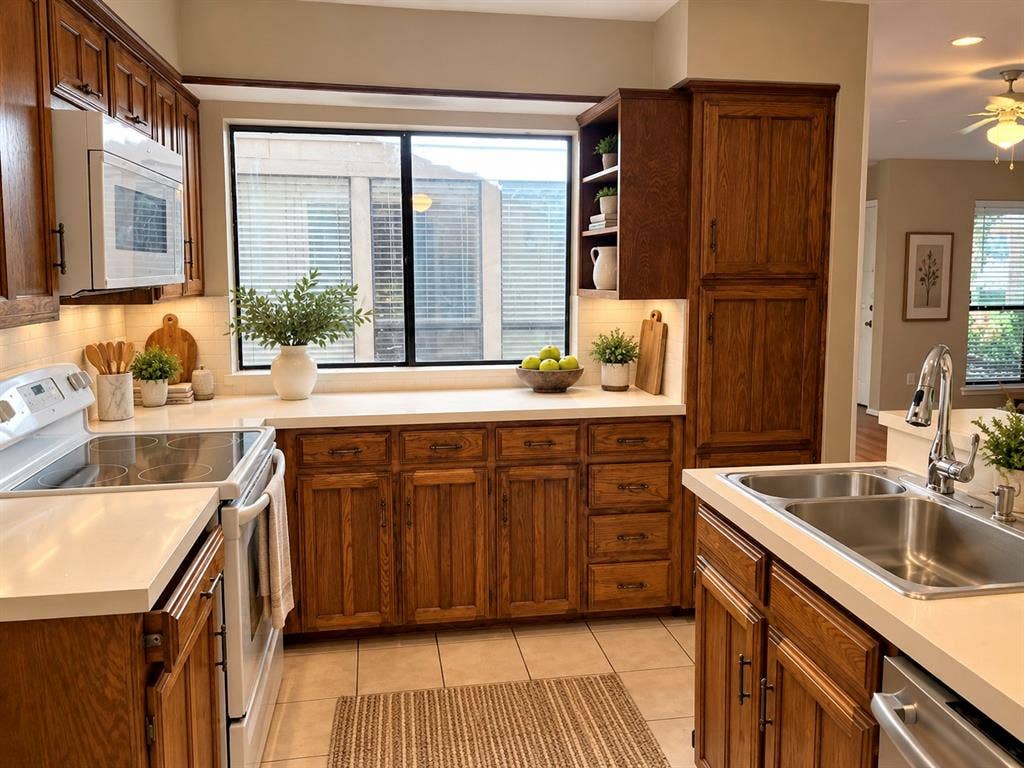 3028 Airhaven Street, Dallas, TX 75229 Kitchen with warm wood cabinetry, light-toned countertops, a stainless steel double-basin sink, and a built-in NEW microwave. *Photo is AI generated*