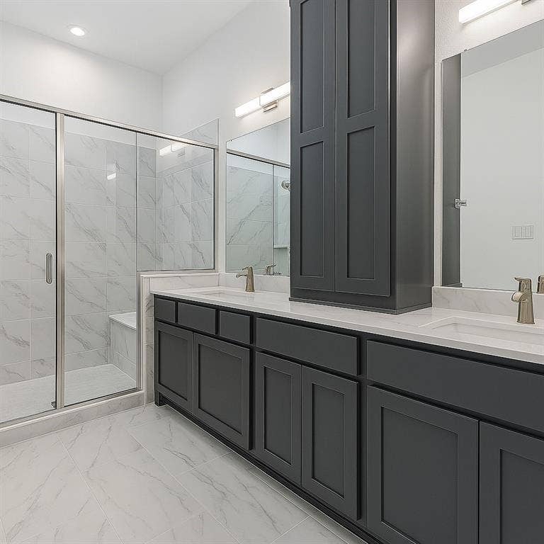 1733 Dalhart Road, Plano, TX 75075 Dual sink vanity with dark cabinetry, white countertops, and brushed nickel fixtures