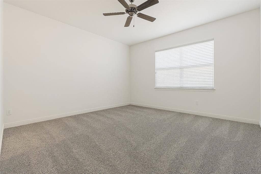 1733 Dalhart Road, Plano, TX 75075 Neutral wall paint, window with horizontal blinds, ceiling fan, and carpeted flooring