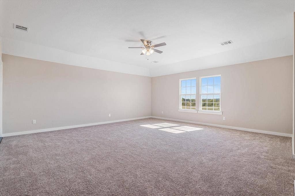 Carpeted room featuring a tray ceiling, ceiling fan, and two windows