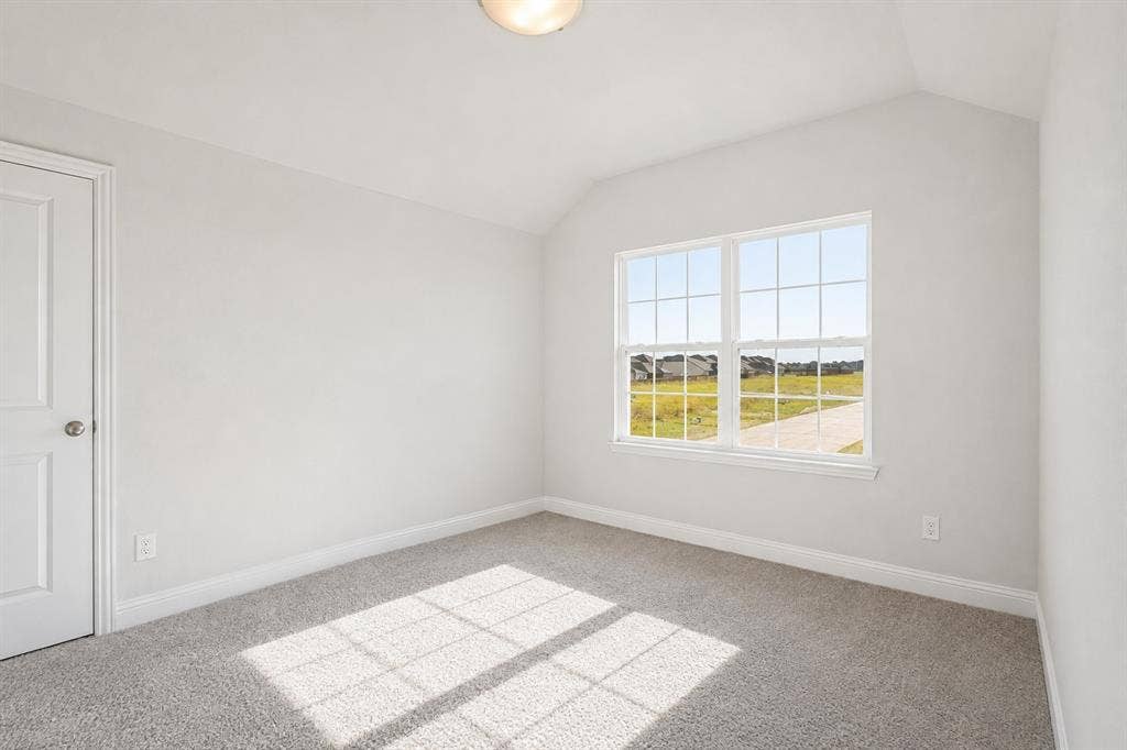 2902 Cremini Fls, Princeton, TX 75407 Vaulted ceiling, double-hung window with grilles, light gray carpet, white interior door, and flush mount ceiling light