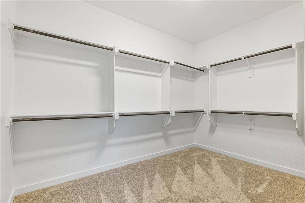 Corner closet with carpet flooring, white walls, and built-in shelving with hanging rods