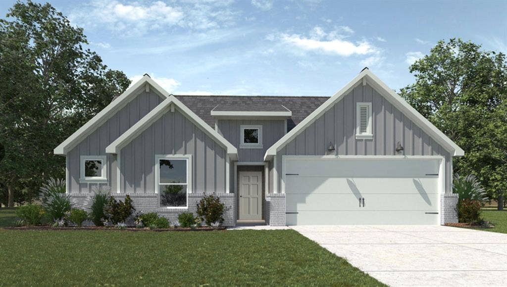 10412 Altair Drive, Waco, TX 76708 Gable roofline, board and batten siding, brick skirting, attached garage, and landscaped front yard