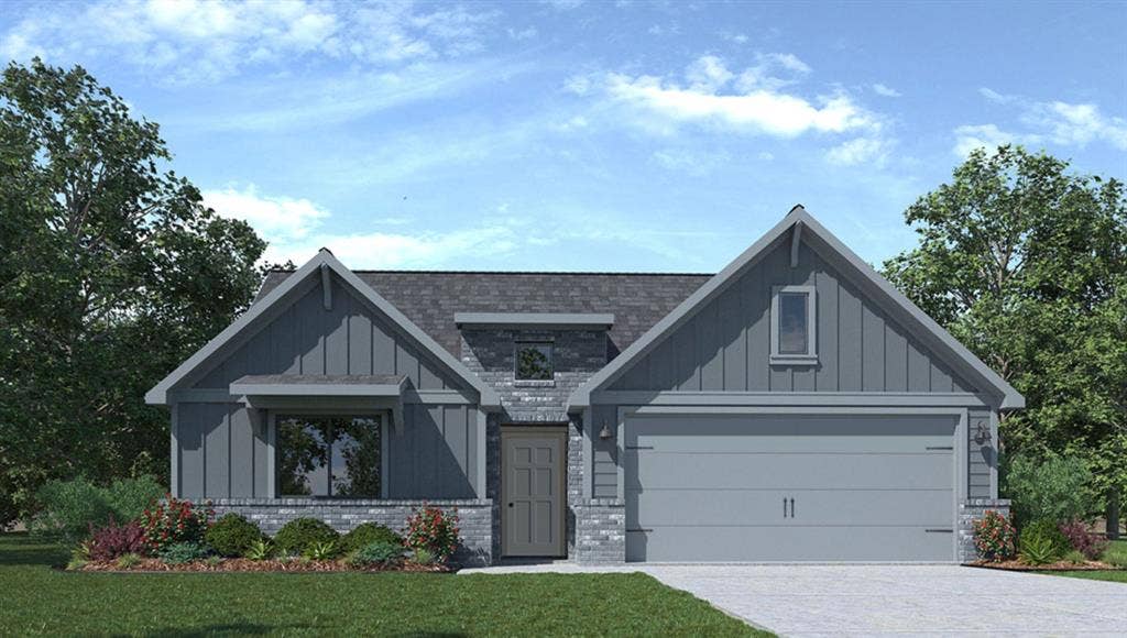10405 Altair Drive, Waco, TX 76708 Gable rooflines, board and batten siding, stone facade, covered entry, and attached garage