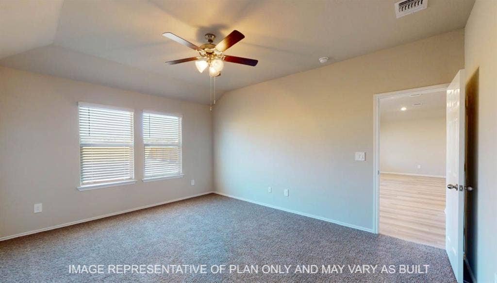 10405 Altair Drive, Waco, TX 76708 Vaulted ceiling, ceiling fan, two windows with blinds, light neutral wall paint, and textured carpet flooring
