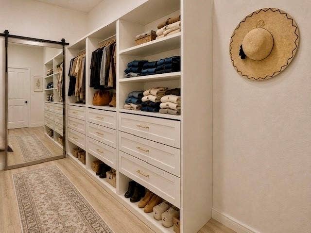 107 Appalachian Way, McKinney, TX 75071 Built-in custom white cabinetry with gold-tone hardware, wood-finish flooring, and a mirrored barn door
