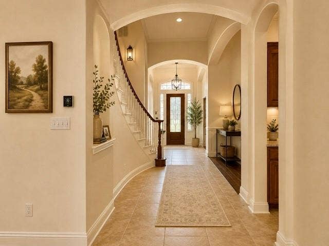 107 Appalachian Way, McKinney, TX 75071 Arched doorways, tile flooring, curved staircase with wood banister, recessed lighting, and a prominent front entry door with transom window