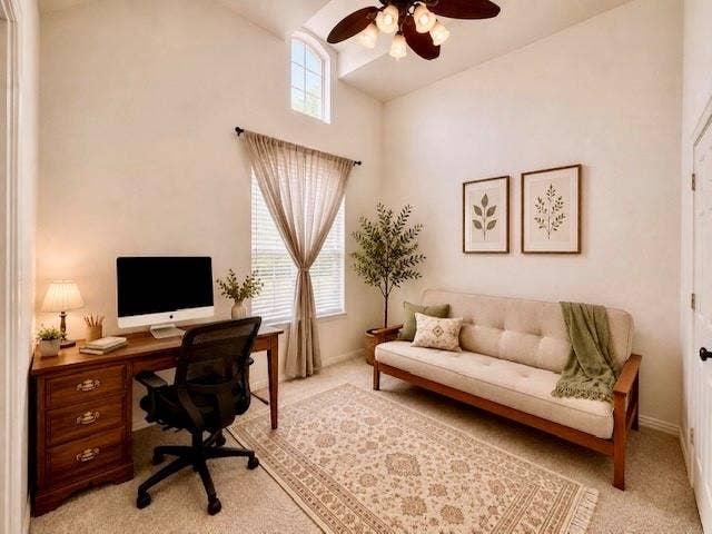 107 Appalachian Way, McKinney, TX 75071 Vaulted ceiling, arched transom window, large window with blinds, ceiling fan, and light-toned wall finishes