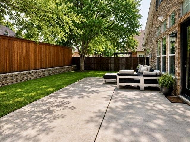 107 Appalachian Way, McKinney, TX 75071 Expansive concrete patio with a brick retaining wall and wood fence