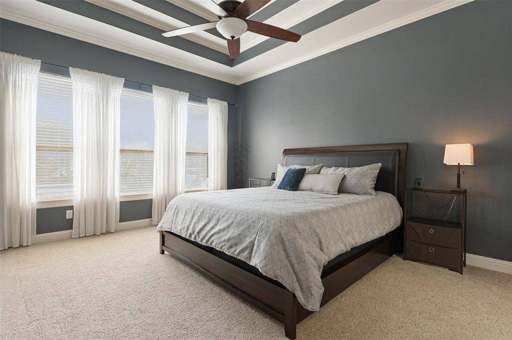 1504 Daisy Lane, Flower Mound, TX 75028 Tray ceiling with a ceiling fan, wall-to-wall carpeting, multiple windows, and a dark wall finish