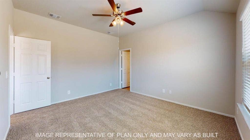 10112 Altair Drive, Waco, TX 76708 Vaulted ceiling with an attached ceiling fan, neutral carpet flooring, and a window with blinds