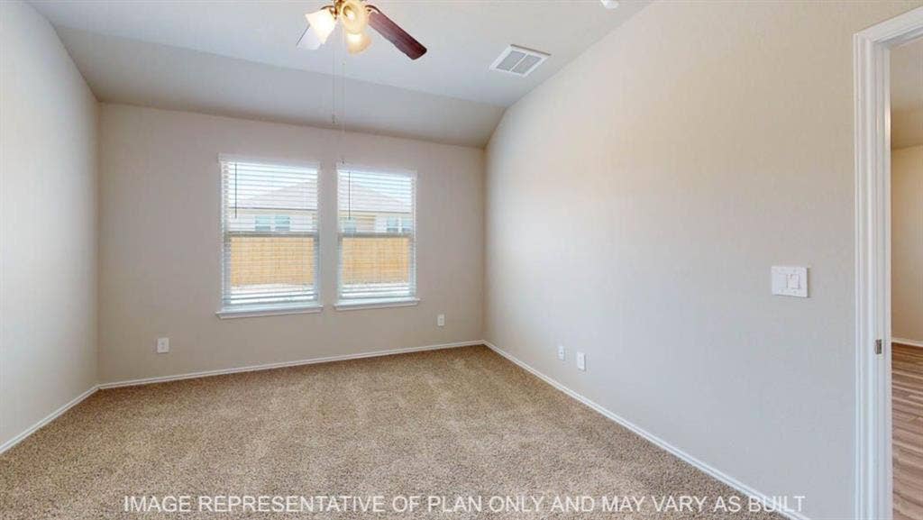 10112 Altair Drive, Waco, TX 76708 Carpeted room featuring two windows, window blinds, and a ceiling fan with integrated lighting
