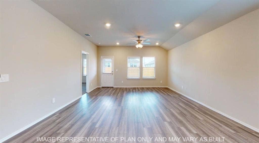 10112 Altair Drive, Waco, TX 76708 Vaulted ceiling with a ceiling fan, recessed lighting, wood-finish flooring, and multiple windows