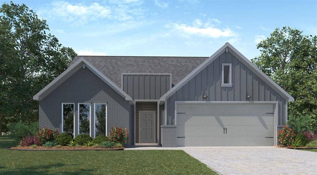 10112 Altair Drive, Waco, TX 76708 Contemporary facade with a dark gray brick and vertical siding exterior, an attached two-car garage, a gray shingle roof, and a concrete driveway