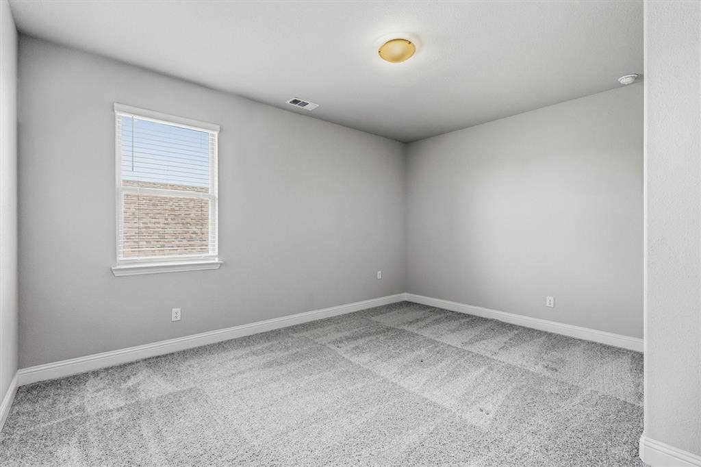 Broadloom carpeting, white trim, single window with blinds, and a ceiling-mounted light fixture