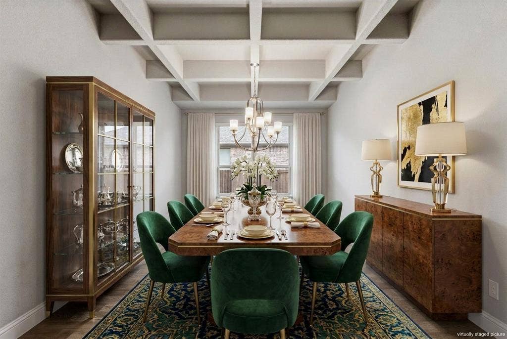Virtually Staged Picture - Coffered ceiling, wood-finish flooring, chandelier lighting, and a window with white drapery