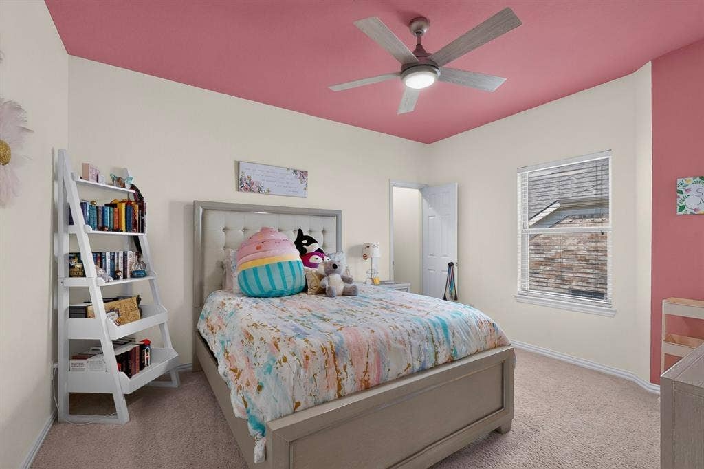 1494 Willingham Drive, Allen, TX 75013 Neutral wall paint with a contrasting ceiling color, ceiling fan with integrated lighting, and carpeted flooring