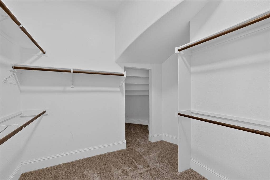 13853 Myatt Avenue, Frisco, TX 75035 Spacious walk-in closet featuring multiple shelving units with hanging rods, white trim, and neutral carpet flooring
