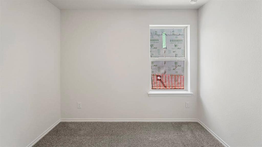 Carpeted room with a double-hung window featuring a white frame and trim