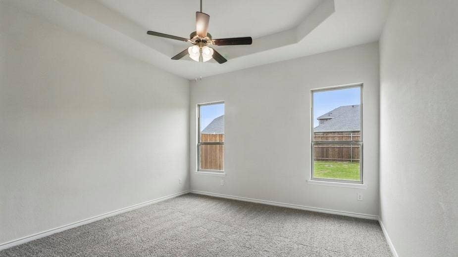 2510 Wesley Avenue, Royse City, TX 75189 Spacious interior room featuring a tray ceiling with a flush-mount ceiling fan, two windows, wall-to-wall carpeting, and neutral wall tones