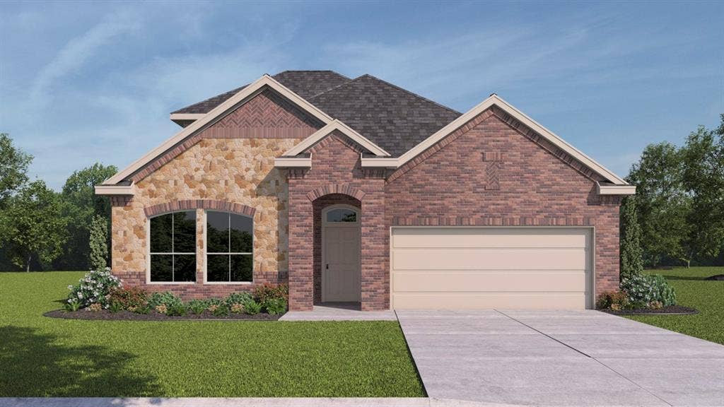 2510 Wesley Avenue, Royse City, TX 75189 Brick and stone exterior with an arched entryway, shingle roof, and an attached garage