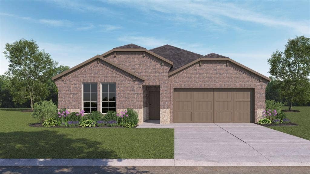 2503 Wesley Avenue, Royse City, TX 75189 Brick exterior with stone accents, attached two-car garage, concrete driveway, and landscaped front yard