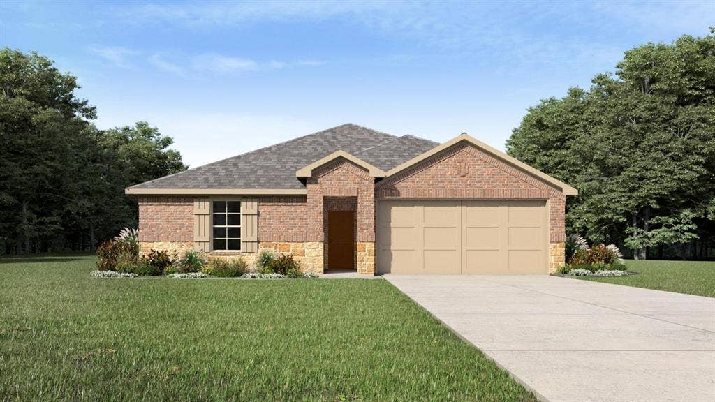 443 Epiphany Lane, Lavon, TX 75166 Brick and stone facade, attached two-car garage, pitched shingle roof, established landscaping, and a concrete driveway