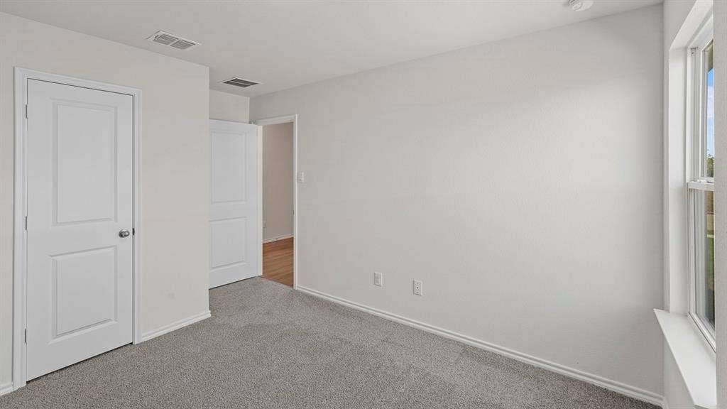 809 Brook Lane, Josephine, TX 75135 Light gray carpeting, white painted walls, white two-panel doors, and a white window frame
