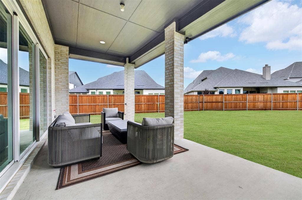 3312 Crosby Lane, Celina, TX 75009 Covered patio with recessed lighting, brick pillars, and sliding glass doors