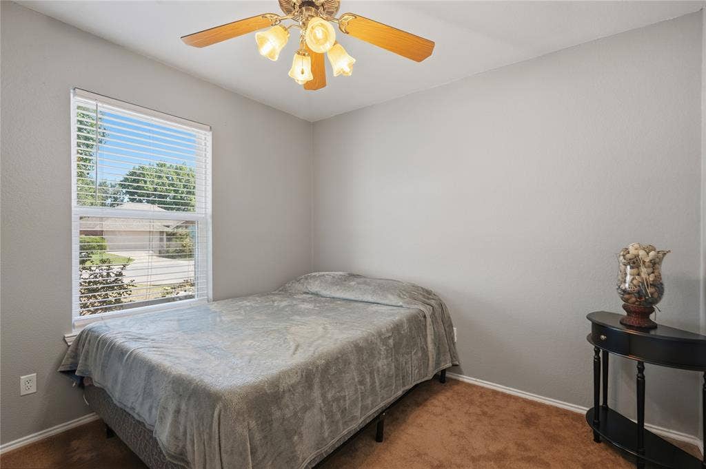 1125 Bayfield Drive, Denton, TX 76209 Neutral wall paint, window with blinds, ceiling fan with light fixture, and brown carpeting