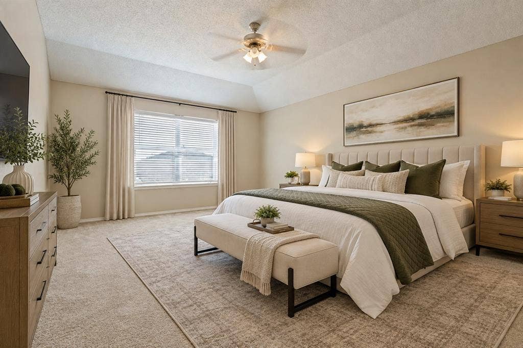 1308 Arbordale Court, Lancaster, TX 75134 Spacious bedroom featuring vaulted ceilings, a ceiling fan, carpeted flooring, and a large window with blinds