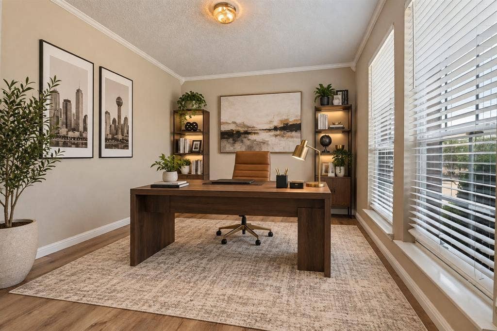 1308 Arbordale Court, Lancaster, TX 75134 Recessed lighting with crown molding, wood-finish flooring, built-in shelving with integrated lighting, and multiple windows with blinds