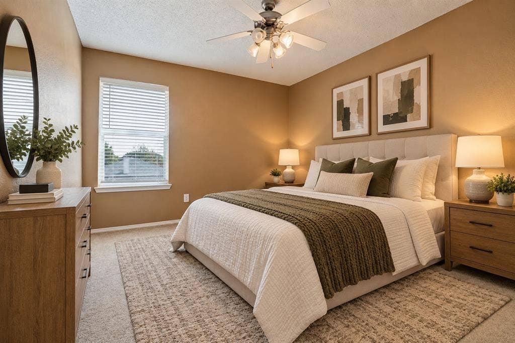 1308 Arbordale Court, Lancaster, TX 75134 Ceiling fan with integrated lighting, window with blinds, plush carpet flooring, and a neutral color palette