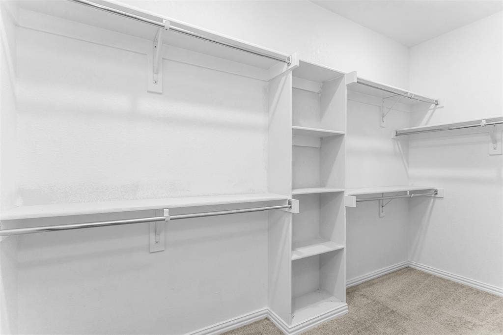 Custom closet system featuring multiple hanging rods, built-in shelving, and carpet flooring