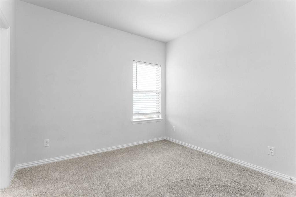 Light gray walls with a single window featuring blinds, complemented by gray carpeting
