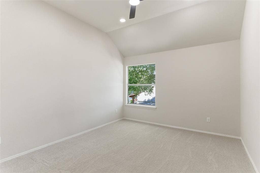 1416 Sunrise Lane, Sachse, TX 75048 Vaulted ceiling, recessed lighting, ceiling fan, carpet flooring, and a window