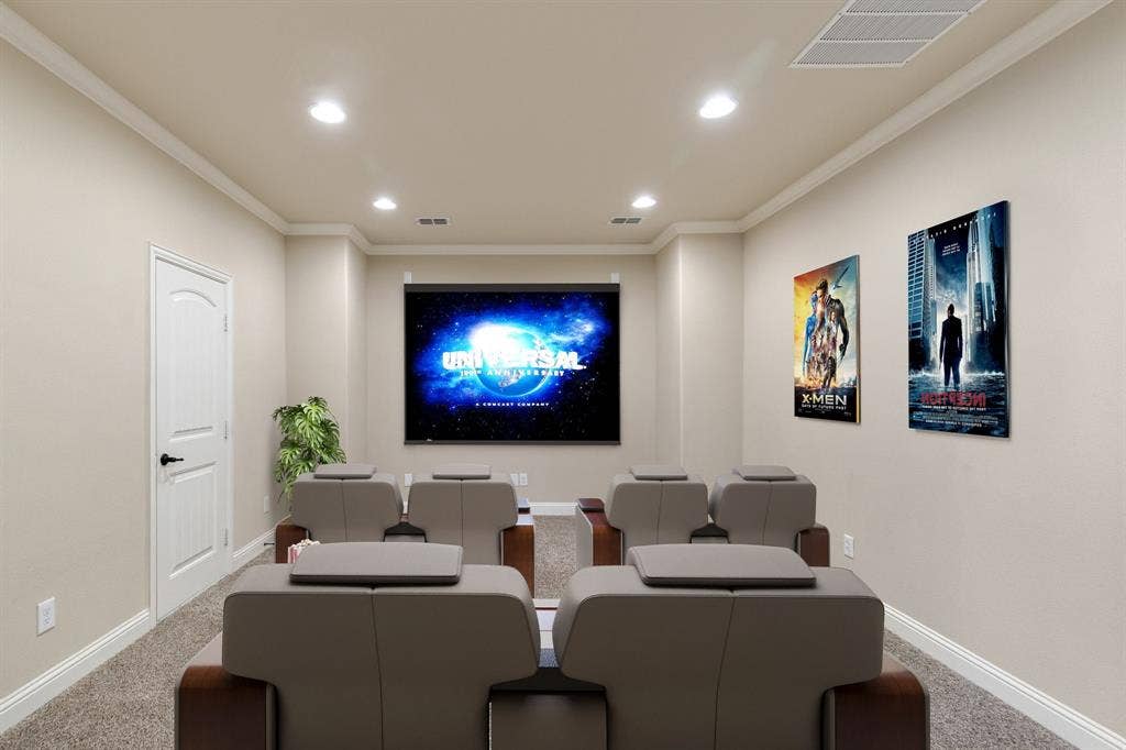 1049 Mesa Crest Drive, Fort Worth, TX 76052 Media room featuring a projector screen, recessed lighting, and crown molding