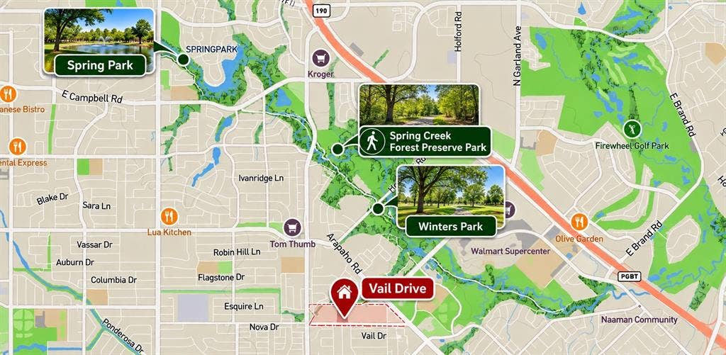 2018 Vail Drive, Garland, TX 75044 Location Map. Illustrating the spatial relationship of the property on Vail Drive to surrounding parks and roads