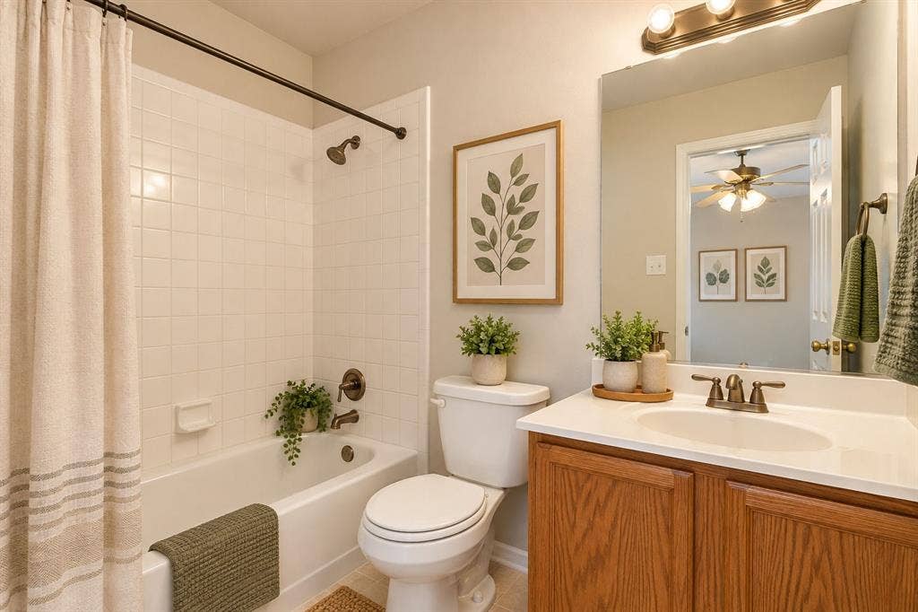 Primary bath with combo tub and shower, sink with cabinet space underneath, easy care flooring.
