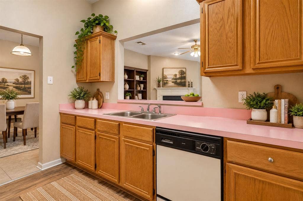 This is a fabulous functional kitchen with plenty of cabinet space and convenience to both dining and living areas.  Dual stainless sinks with a sprayer.
