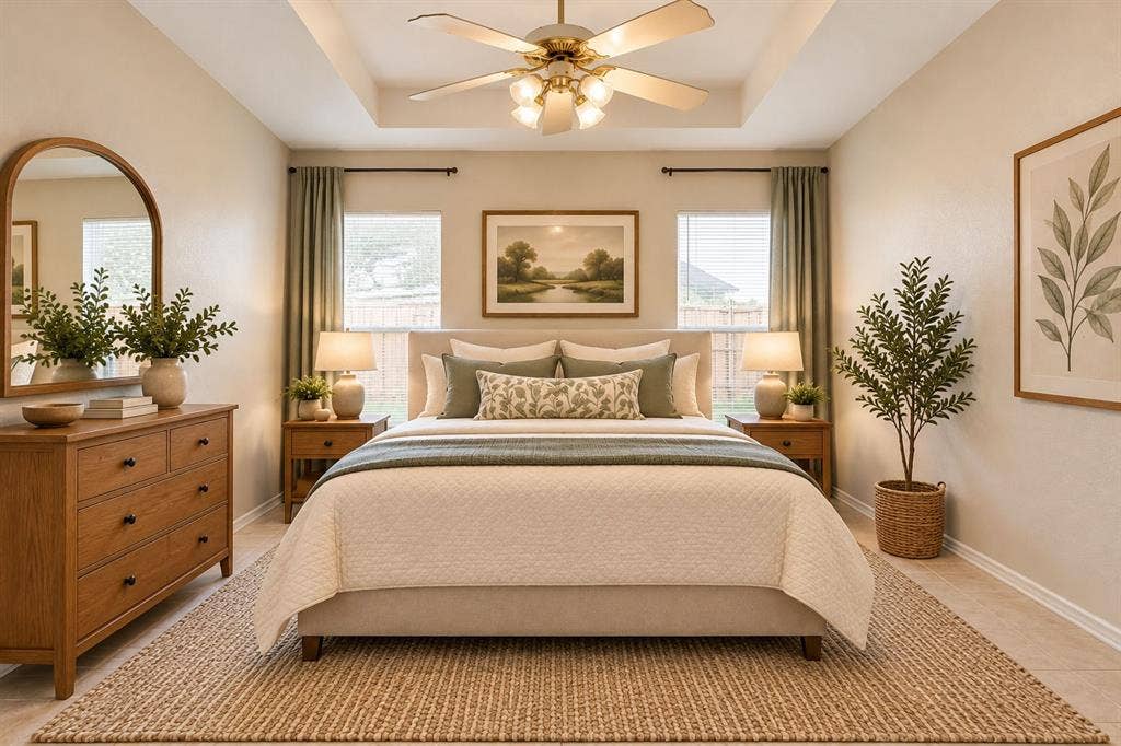 Primary bedroom with dual windows, lighted ceiling fan, raised ceiling.  Very spacious with a walk-in closet and en suite bath.