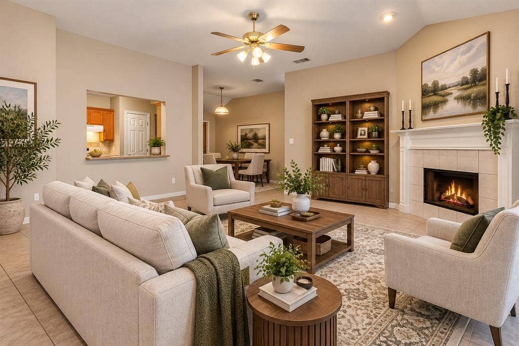 Living area is quite spacious and has a beautiful tile-surround fireplace and a vaulted ceiling.  Lighted ceiling fan with additional spotlight for artwork over fireplace.  You'll love the easy-care flooring and neutral colors!