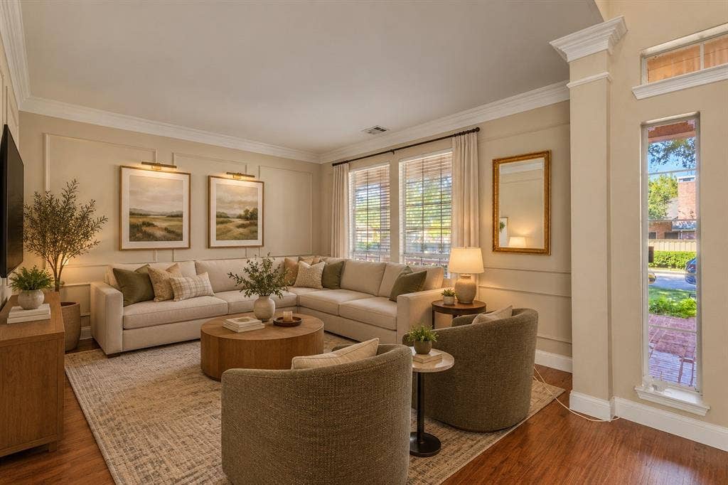 5705 Sandalwood Drive, McKinney, TX 75072 Virtually staged family room with a warm, inviting design that highlights the space’s comfort and versatility for relaxing or gathering with loved ones.