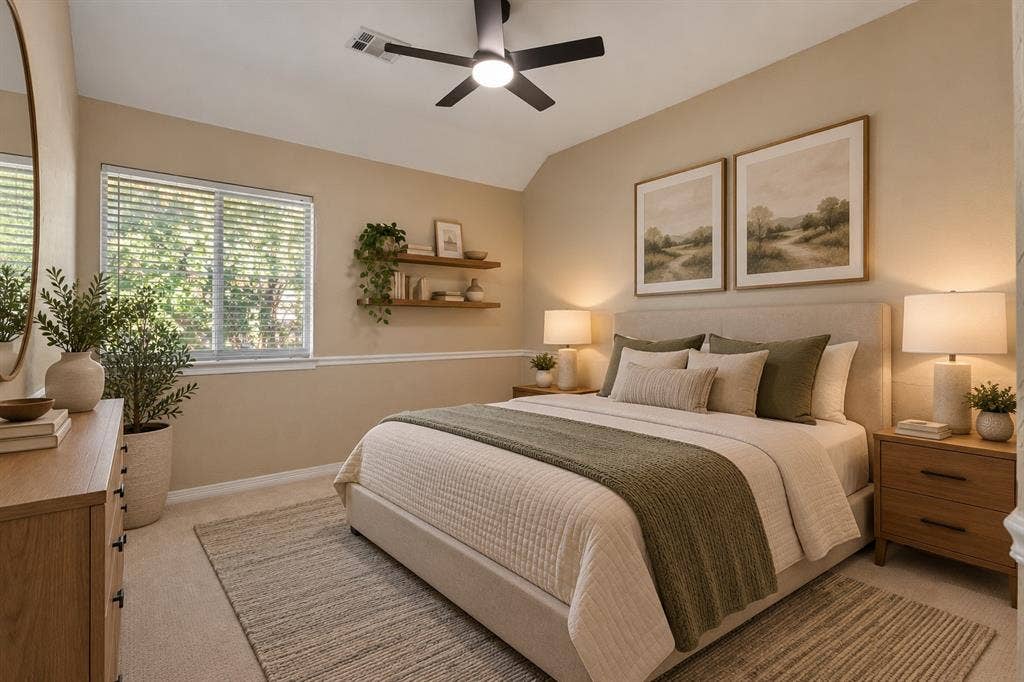 5705 Sandalwood Drive, McKinney, TX 75072 Virtually staged secondary bedroom with a clean, neutral design that highlights the room’s comfort and versatility.