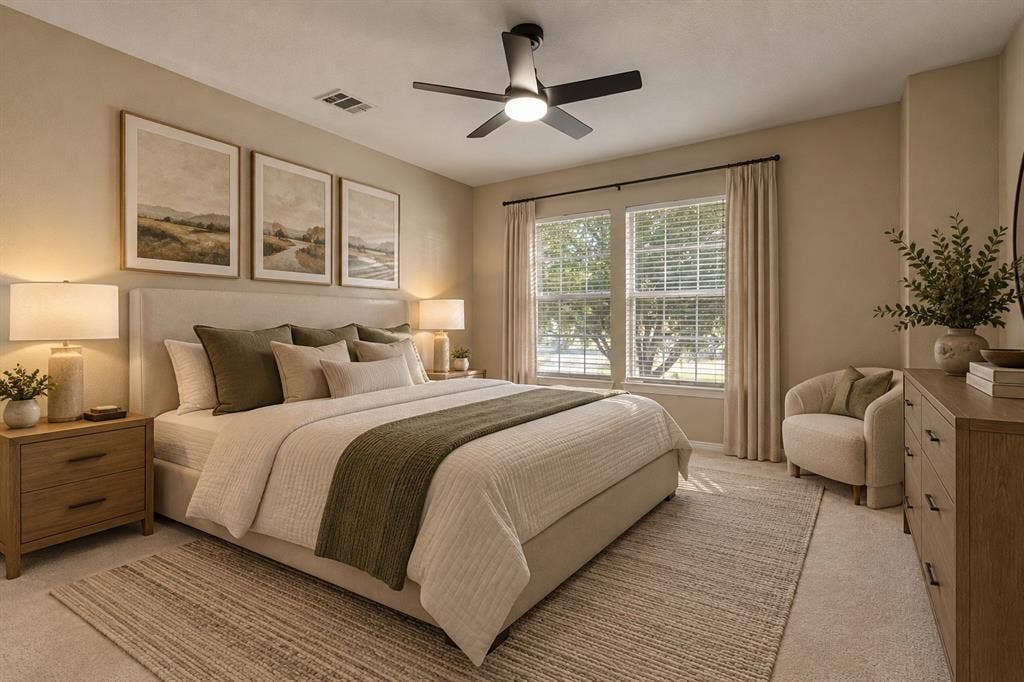 5705 Sandalwood Drive, McKinney, TX 75072 Virtually staged secondary bedroom with a clean, neutral design that highlights the room’s comfort and versatility.