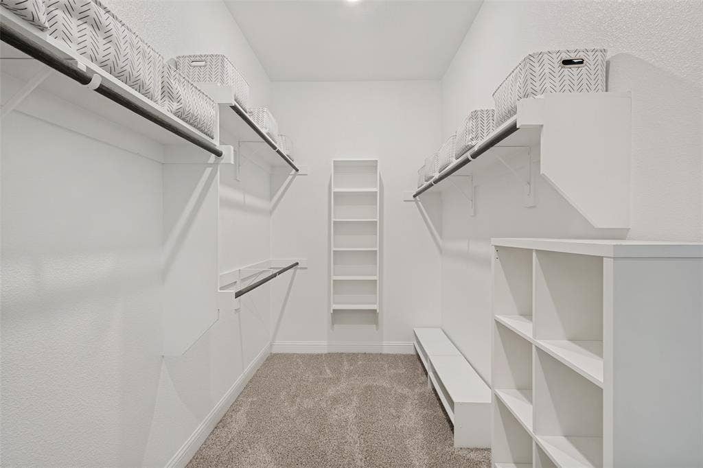 Walk-in closet featuring built-in shelving, integrated hanging rods, and carpet flooring