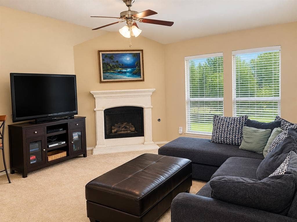 Living space complete with fireplace.