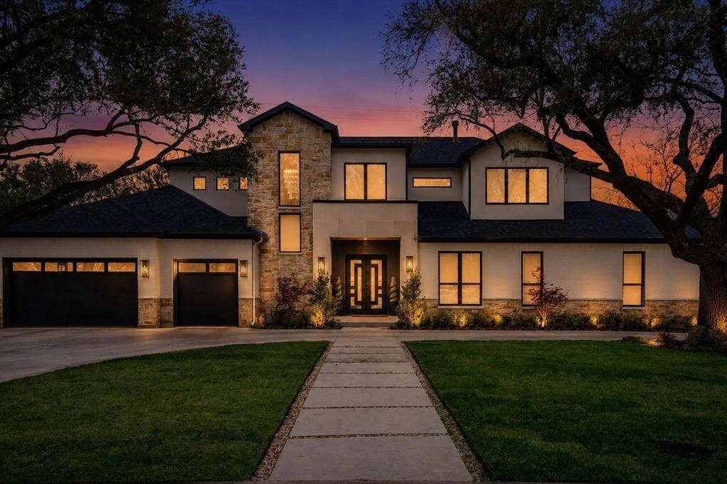 12007 Quincy Lane, Dallas, TX 75230 Modern exterior featuring stone accents, stucco siding, and a dark shingle roof