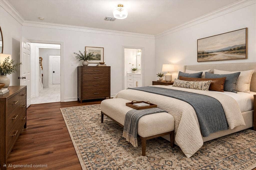 2916 Thomas Avenue, Dallas, TX 75204 Spacious primary bedroom with hardwood flooring, recessed ceiling lighting, and dual wood-finish dressers